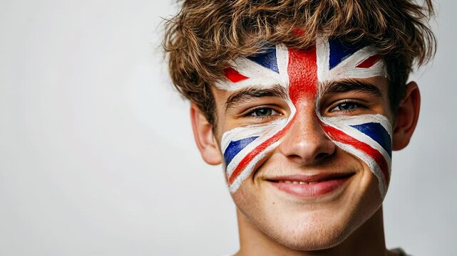 Young man celebrates with union jack face paint displaying joyful expressions