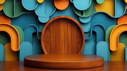 Colorful Decorative Circular Background with Wooden Platform Display for Art or Product Showcase