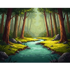 Enchanted Forest Stream: Digital Painting Illustration
