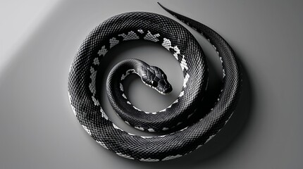 Black and white snake coiled elegantly on a smooth surface in a dimly lit environment