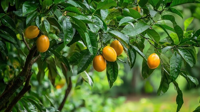 A chalta tree with ripe fruits hanging among thick green foliage