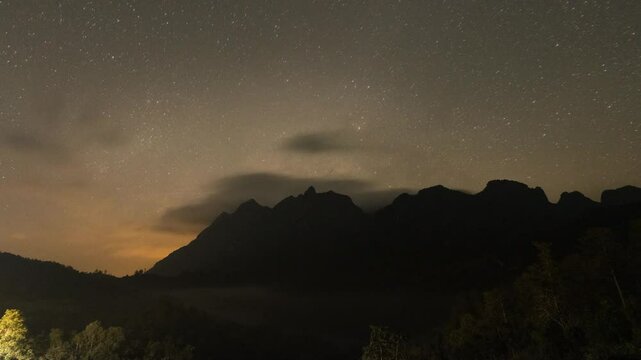 Landscape with colourful bright milky way and mountain with reflection on water. Night sky with stars at doi luang chiang dow