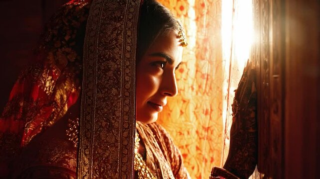 Radiant Bride's Glimpse: A side profile of a serene bride is beautifully illuminated by warm sunlight, enhancing the intricate detail of her attire and delicate veil.