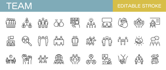Team icon set. Business, businessman, teamwork, cooperation. Editable stroke. Vector illustration
