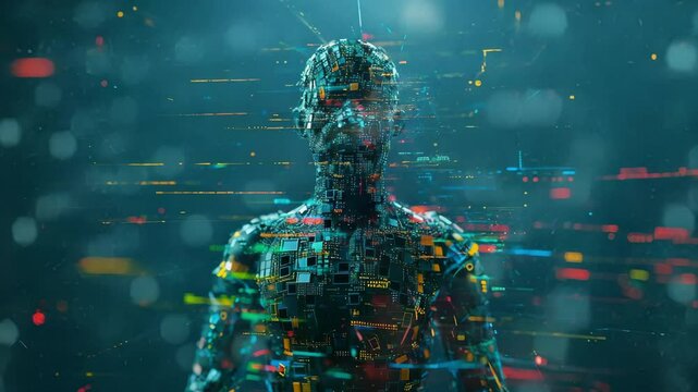 A human figure fully covered on computer errors bugs and glitches, Generative AI Videos.