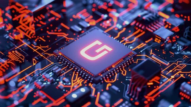 A high-tech scene featuring the "6 G" logo glowing on top of an advanced chip, set against futuristic digital backgrounds, Generative AI Videos.