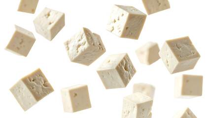 Multiple tofu cubes falling against transparent background