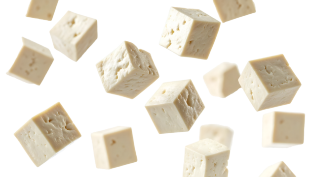 Multiple tofu cubes falling against transparent background