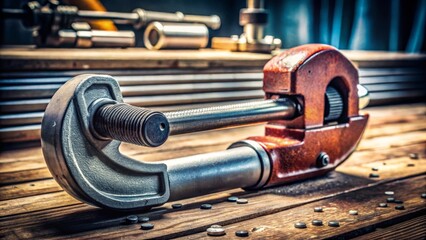 Fototapeta premium A Sturdy Metal Pipe Clamp Rests on a Weathered Wooden Surface in a Workshop Setting