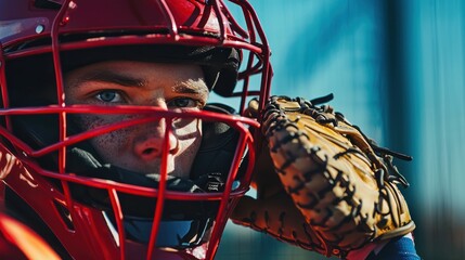 A close-up of a catcher adjusting their mask before a pitch
