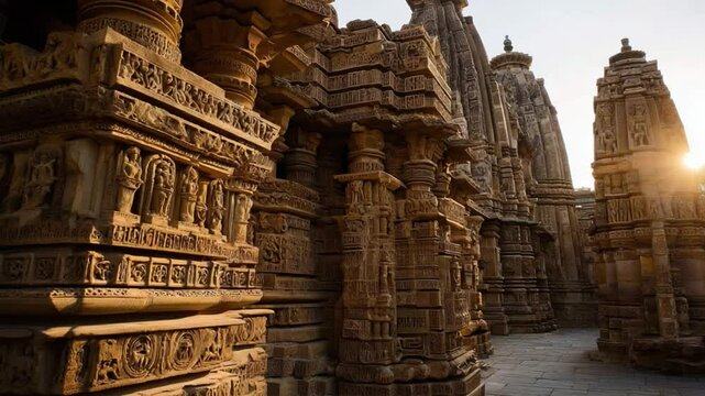Ancient Temple: A weathered, intricately carved ancient temple, showcasing stunning architectural details and the warmth of the setting sun - Powered by Adobe
