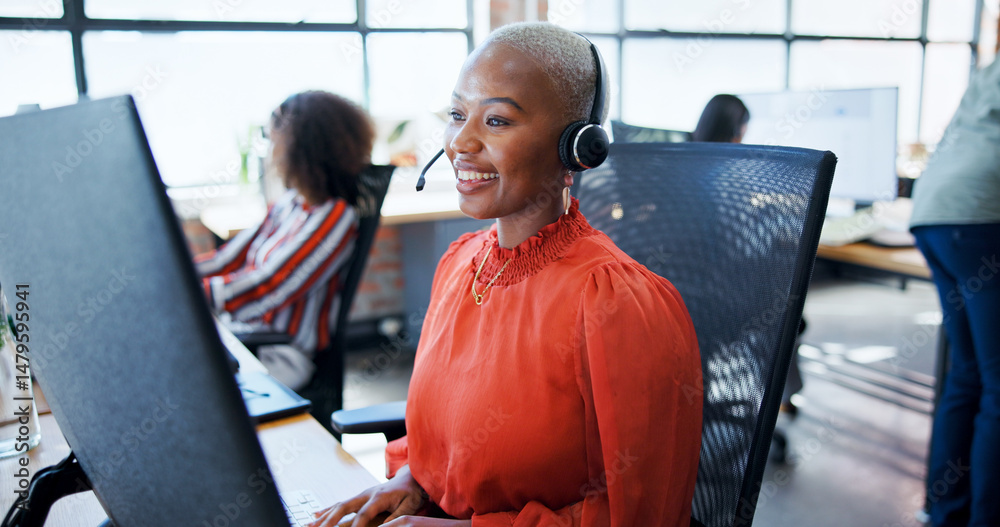 Poster Business, woman and smile with computer at call center for customer support, information and script. African advisor, headset and pc for online assistance, review survey and report of service request
