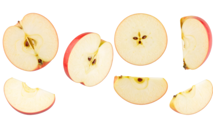 Sliced red apples floating on a transparent background, showcasing their natural texture and freshness