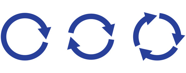 Blue circle arrows icon set. Round reload sign, repeat icon, rotate arrow symbol, arrow pictogram, refresh reload rotation loop sign set