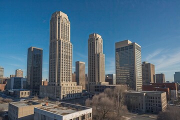 Fototapeta premium Abandoned Skyscrapers in Urban Cityscape Under Bright Blue Sky
