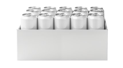 Twelve blank aluminum beverage cans in a white box ready for branding and design