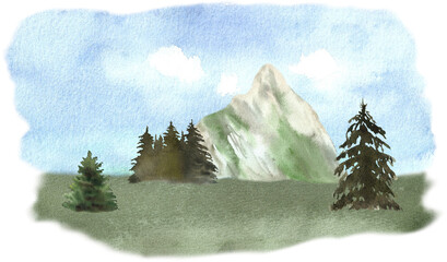 Peaceful Watercolor Mountain Landscape with Trees