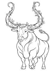 Taurus Bull with Moon and Floral Border – Zodiac Astrology Line Art Coloring Page