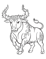 Taurus Bull with Moon and Floral Border – Zodiac Astrology Line Art Coloring Page