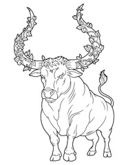 Taurus Zodiac Bull with Floral Horns – Intricate Astrology Line Art Coloring Page