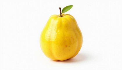 Single Fresh Yellow Quince with Leaf on White Background