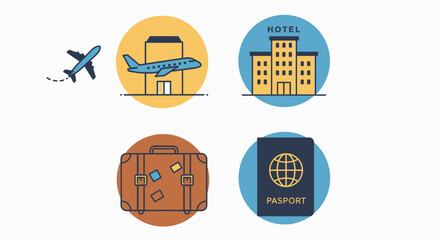 Travel Icons: Airplane, Hotel, Suitcase, Passport