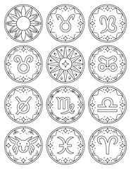 Zodiac Symbols Grid - Collection of Horoscope Icons Coloring Page