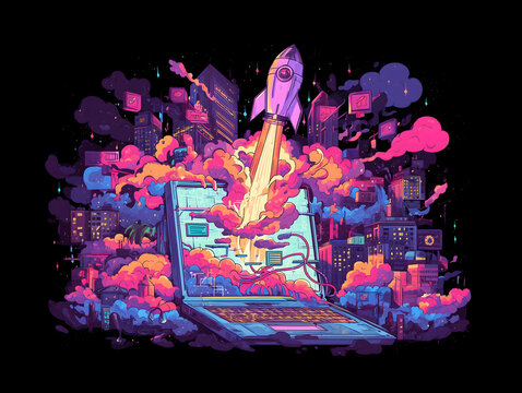  Pixelated Liftoff: Rocket Launch from a Retro Laptop City