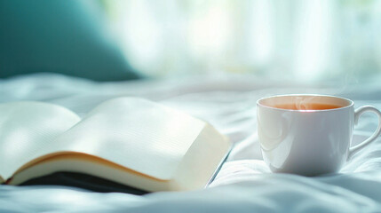 Cozy scene featuring steaming cup of tea beside open book on soft bed, inviting relaxation and reflection