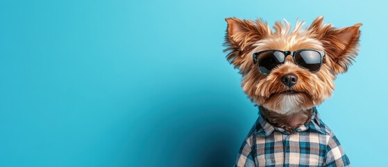Adorable Yorkshire Terrier Dog Wea Sunglasses and Checked Shirt Against Bright Blue Background