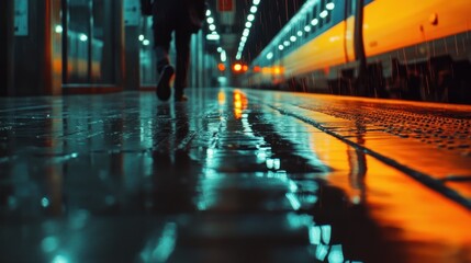 Rainy Night at the Station: A Solitary Figure Walks Away
