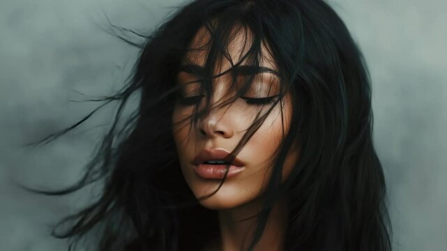 Portrait of Woman with Flowing Hair in Dramatic Lighting