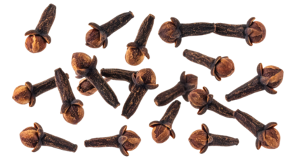 Cloves with realistic texture and natural lighting are falling on a transparent background