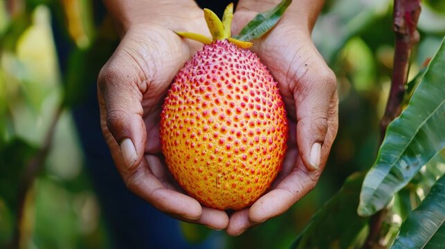 A close-up of a person holding a ripe ilama fruit in their hands