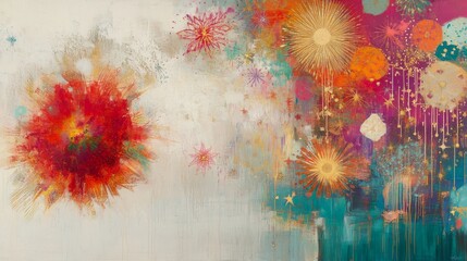 Abstract Painting with Red Orange and Teal Splashes on Neutral Background Expressive Brushstrokes and Colorful Palette Contemporary Wall Art Design with Dynamic Texture