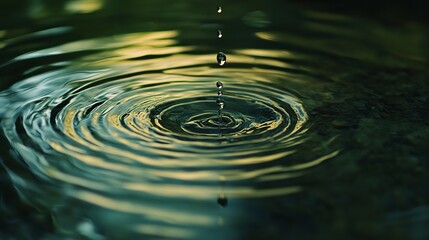 Water Droplet Impacting Still Green Water Surface Ripples Nature Photography Tranquil Scene Peaceful Background Emerald Green Hues Liquid Texture     