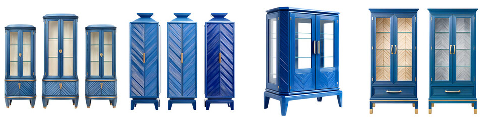 Obraz premium Stunning collection of modern blue furniture showcasing sleek cabinets and unique designs, perfect for contemporary interiors, adding elegance and style to any living space.