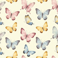 Pastel Butterfly Seamless Pattern, Watercolor Texture