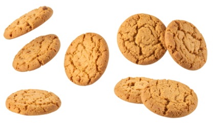 Multiple oatmeal cookies floating on transparent background