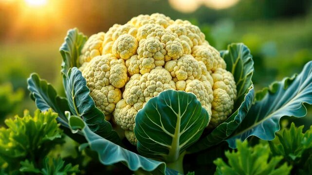 Cauliflower growing in agricultural field at sunset