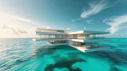 Obraz premium Modern architectural design of a floating house over clear turquoise waters during daylight