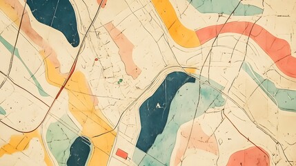 Digital illustration of a textured map with abstract geometric shapes and lines in muted colors.