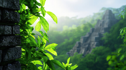 Fototapeta premium Ancient ruins in jungle surrounded by lush greenery create serene atmosphere of mystery and exploration