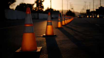 Road Work Ahead Traffic Diversion Cones and Barriers Guiding Vehicles Construction Zone Safety Measures Highway Maintenance Roadside Obstacles Careful Driving
