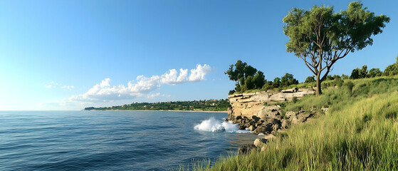 Coastal Scenery With Calm Water And Lush Vegetation