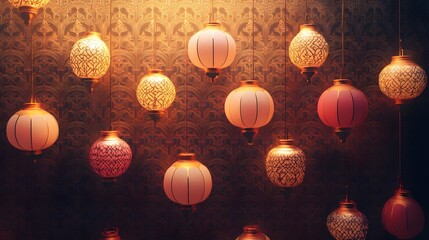 Fototapeta premium Digital illustration of multiple ornate, golden-toned paper lanterns hanging against a patterned, dark background.
