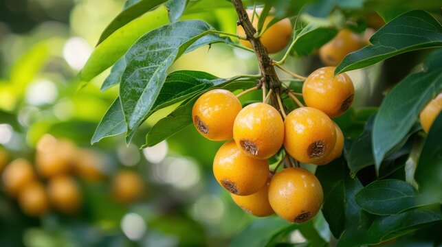 A close-up of Achacha fruits growing on a tree branch