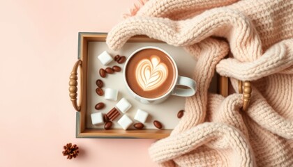 Cozy vibes: Latte art, soft blanket, sugar cubes and coffee beans on tray