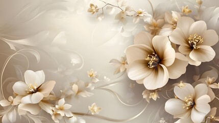 Digital illustration of delicate beige flowers and swirling vines against a soft background.