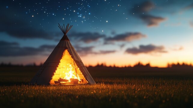 Remote outdoor campfire in a tipi under a starry night sky with glowing flames and peaceful landscape